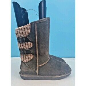 Bearpaw Boshie Women's Boots Sz 7 Brown Suede Knit Back Pull On Mid-Calf